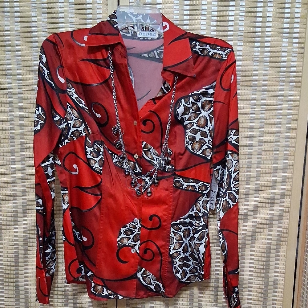 Red Printed Satin Button-Down Blouse with Abstract Pattern